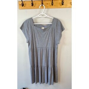 Natural Life Blue Grey Ribbed Tiered Mini Dress Square Neck Cap Sleeve M